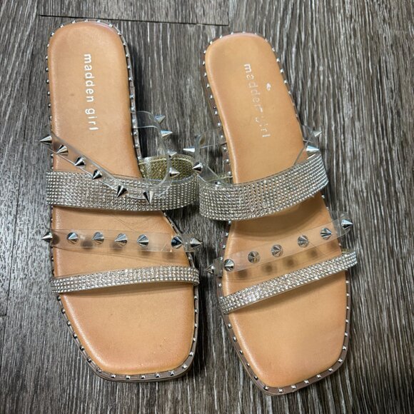 Madden Girl Studded Rhinestone Slide Sandals Silver Clear Straps Size 7.5 Used - Picture 2 of 5